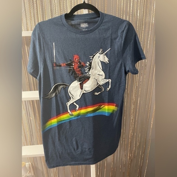 Marvel Deadpool riding unicorn over a rainbow shirt new without tag, size small. - Picture 2 of 4